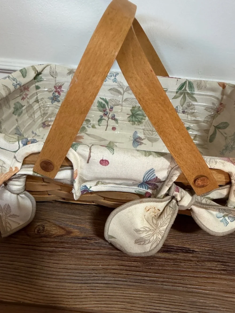 Longaberger Floral Lined Woven Basket with Wooden Handles and protector